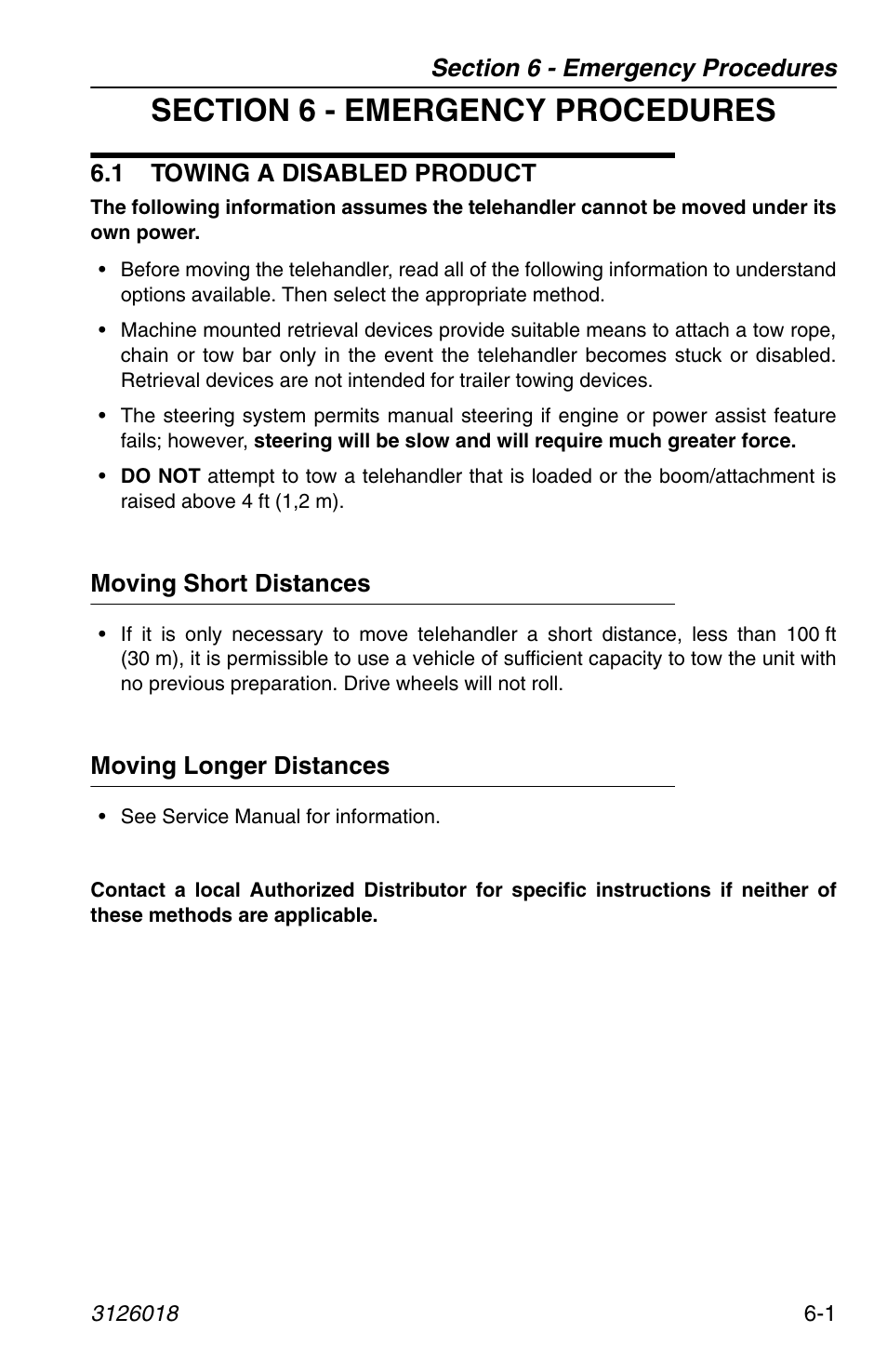 Section 6 - emergency procedures, 1 towing a disabled product, Moving short distances | Moving longer distances, 1 towing a disabled product -1 | JLG G12-55A Operator Manual User Manual | Page 121 / 164