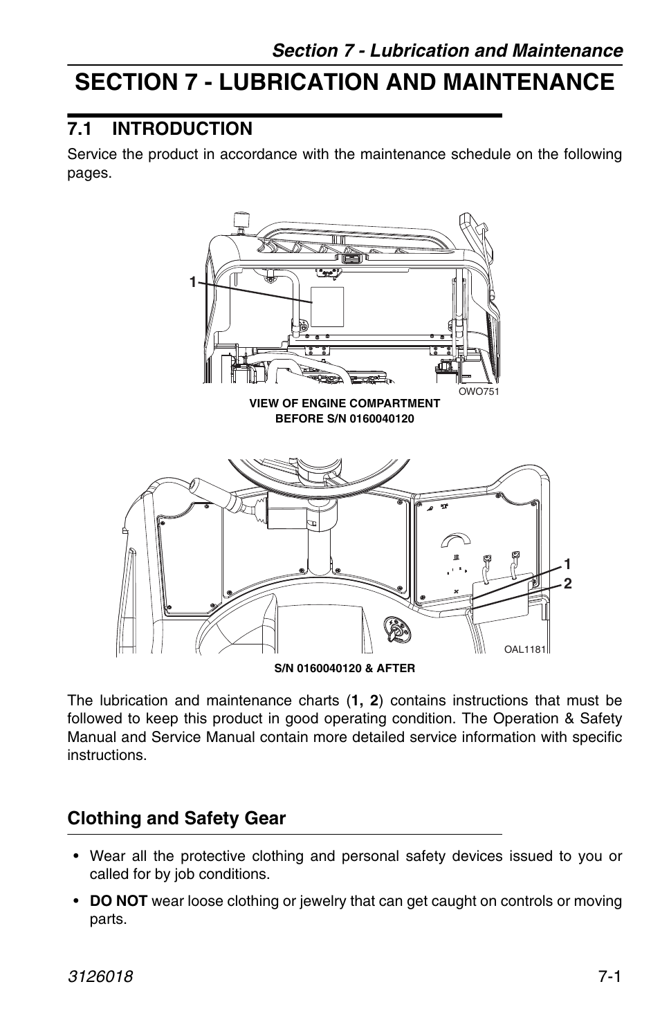Section 7 - lubrication and maintenance, 1 introduction, Clothing and safety gear | 1 introduction -1, Clothing and safety gear -1, R to section 7 - lubrication and maintenance | JLG G12-55A Operator Manual User Manual | Page 123 / 164