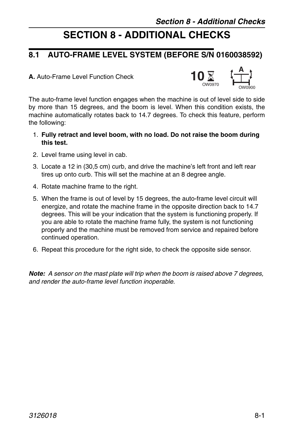 Section 8 - additional checks, 1 auto-frame level system (before s/n 0160038592) | JLG G12-55A Operator Manual User Manual | Page 147 / 164