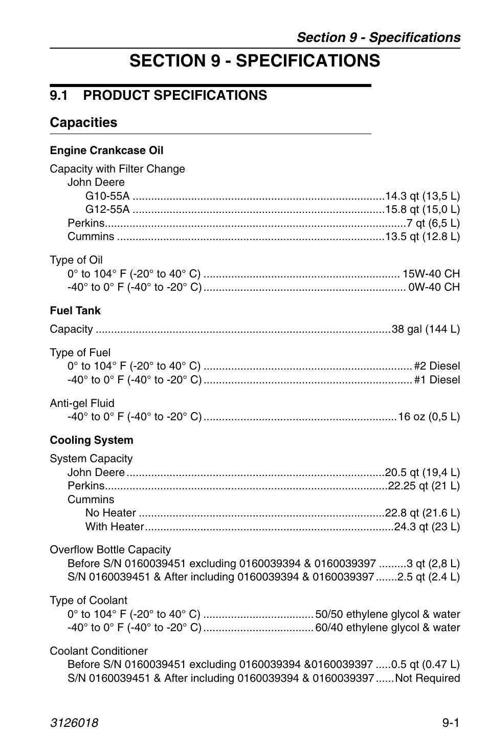 Section 9 - specifications, 1 product specifications, Capacities | 1 product specifications -1, Capacities -1, Nd section 9 - specifications, 1 product specifications capacities | JLG G12-55A Operator Manual User Manual | Page 149 / 164