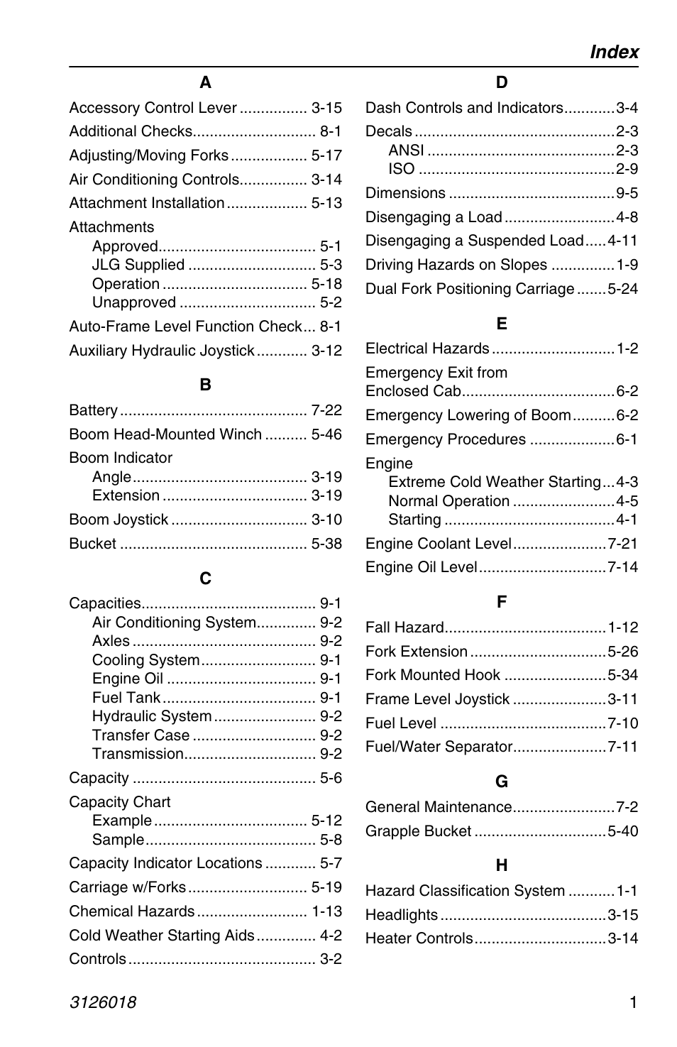 Index | JLG G12-55A Operator Manual User Manual | Page 155 / 164
