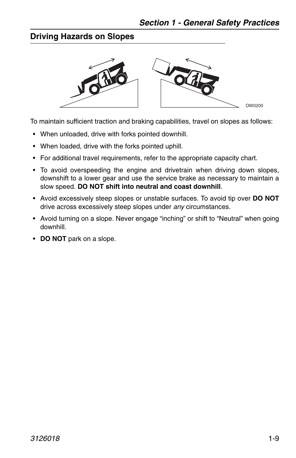 Driving hazards on slopes, Driving hazards on slopes -9 | JLG G12-55A Operator Manual User Manual | Page 19 / 164