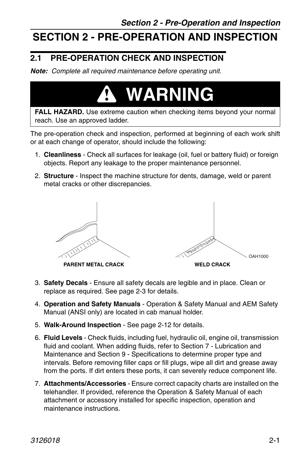 Section 2 - pre-operation and inspection, 1 pre-operation check and inspection, 1 pre-operation check and inspection -1 | Warning | JLG G12-55A Operator Manual User Manual | Page 25 / 164