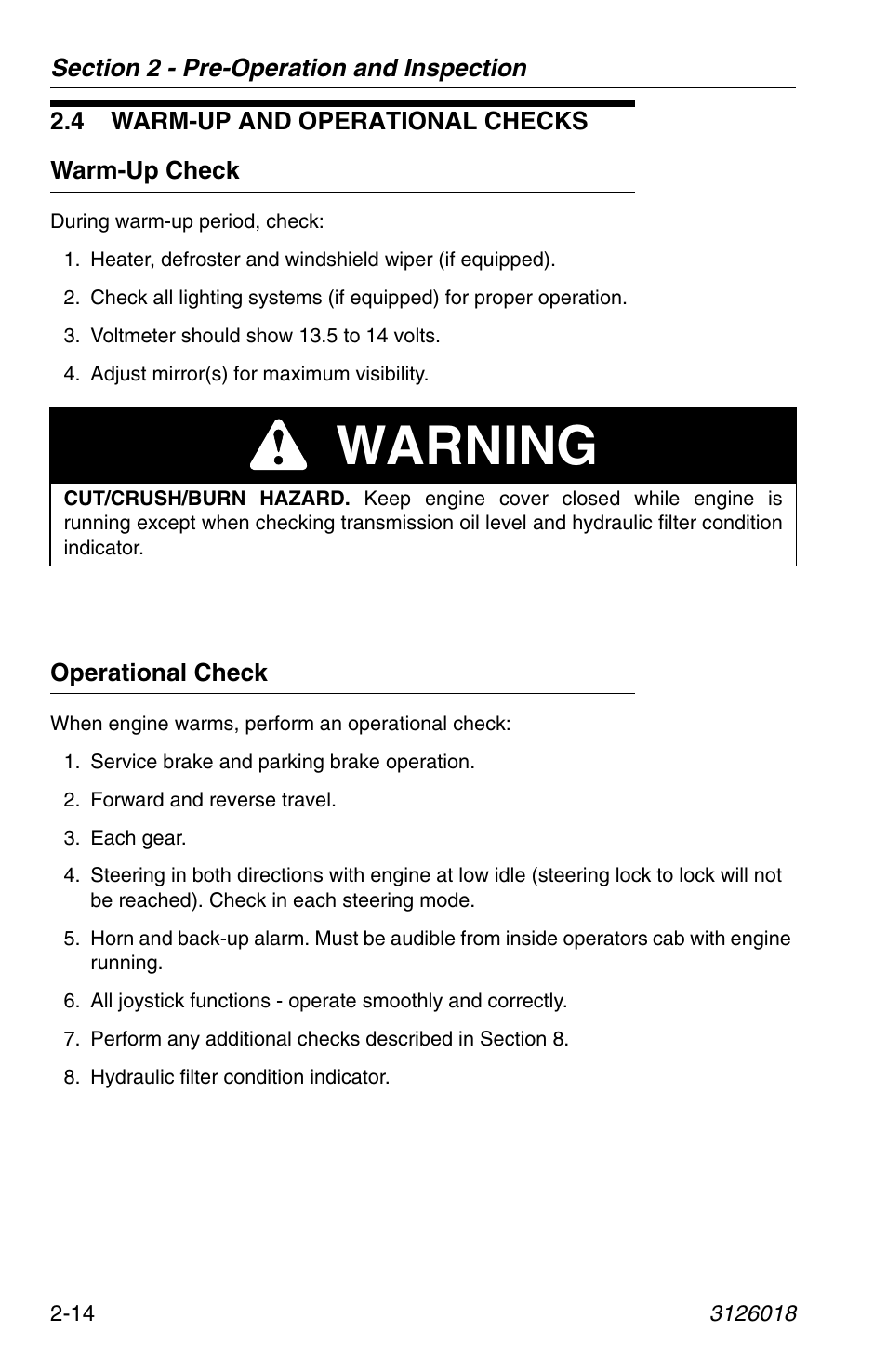 4 warm-up and operational checks, Warm-up check, Operational check | 4 warm-up and operational checks -14, Warm-up check -14 operational check -14, Warning | JLG G12-55A Operator Manual User Manual | Page 38 / 164