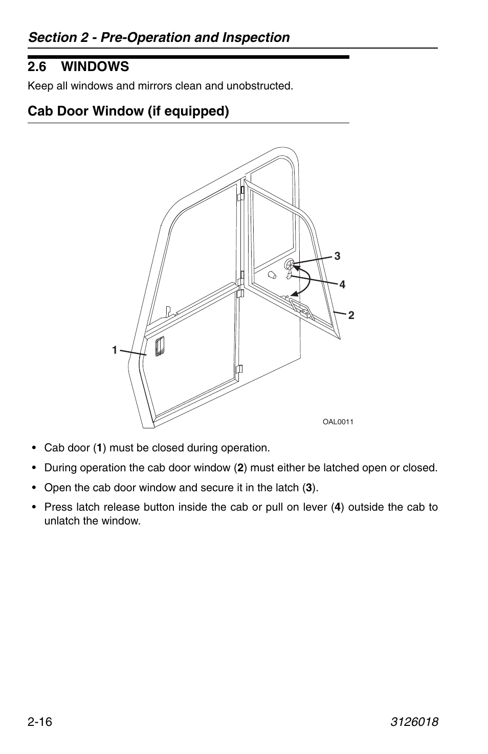 6 windows, Cab door window (if equipped), 6 windows -16 | Cab door window (if equipped) -16 | JLG G12-55A Operator Manual User Manual | Page 40 / 164