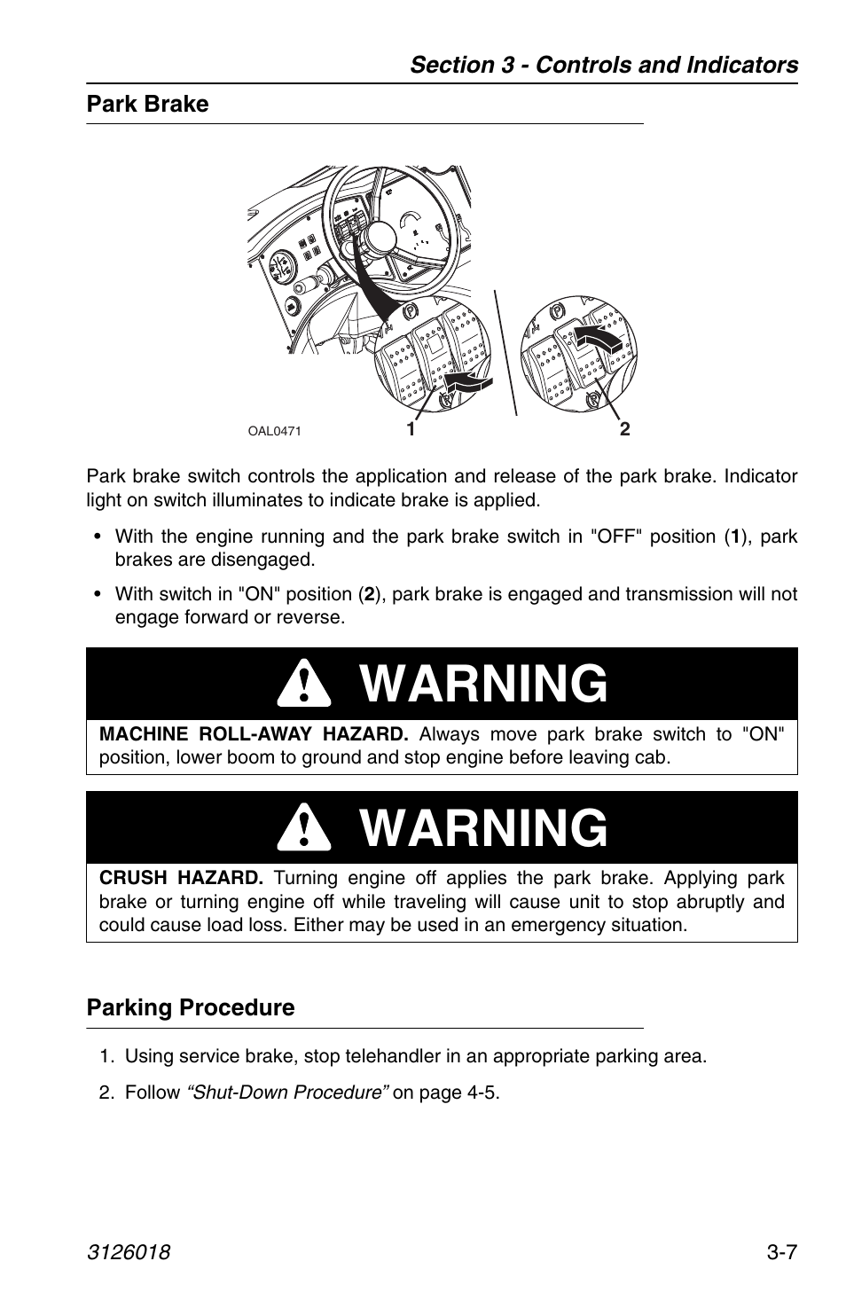 Park brake, Parking procedure, Park brake -7 parking procedure -7 | Warning | JLG G12-55A Operator Manual User Manual | Page 47 / 164