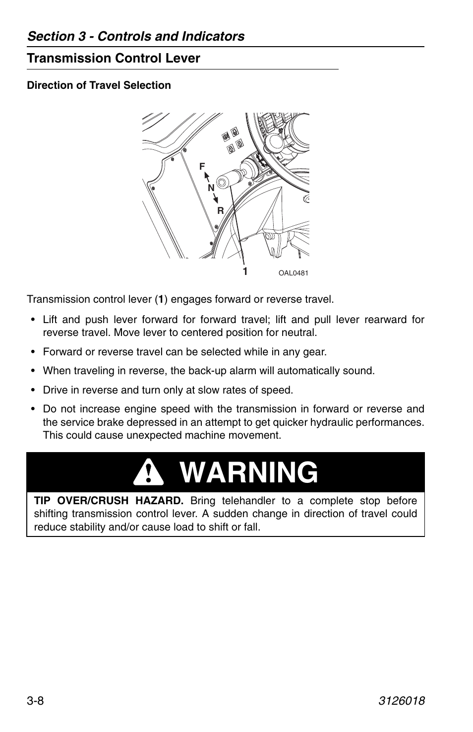 Transmission control lever, Transmission control lever -8, Warning | JLG G12-55A Operator Manual User Manual | Page 48 / 164