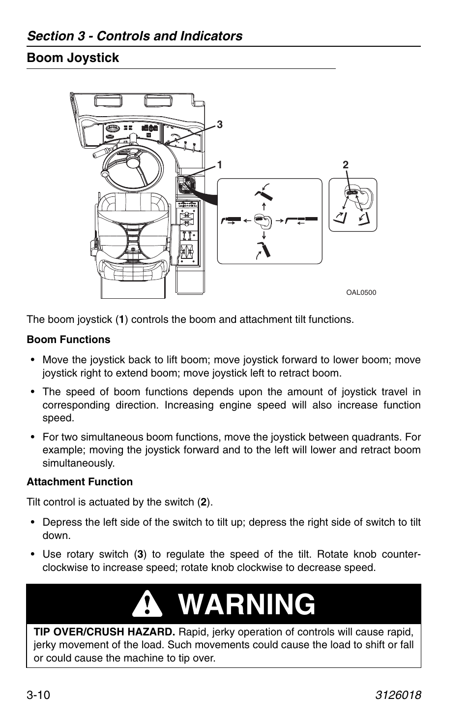 Boom joystick, Boom joystick -10, Warning | JLG G12-55A Operator Manual User Manual | Page 50 / 164
