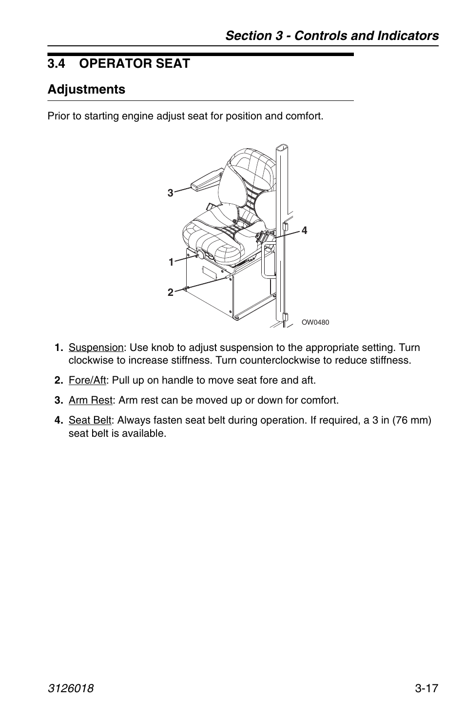 4 operator seat, Adjustments, 4 operator seat -17 | Adjustments -17, 4 operator seat adjustments | JLG G12-55A Operator Manual User Manual | Page 57 / 164