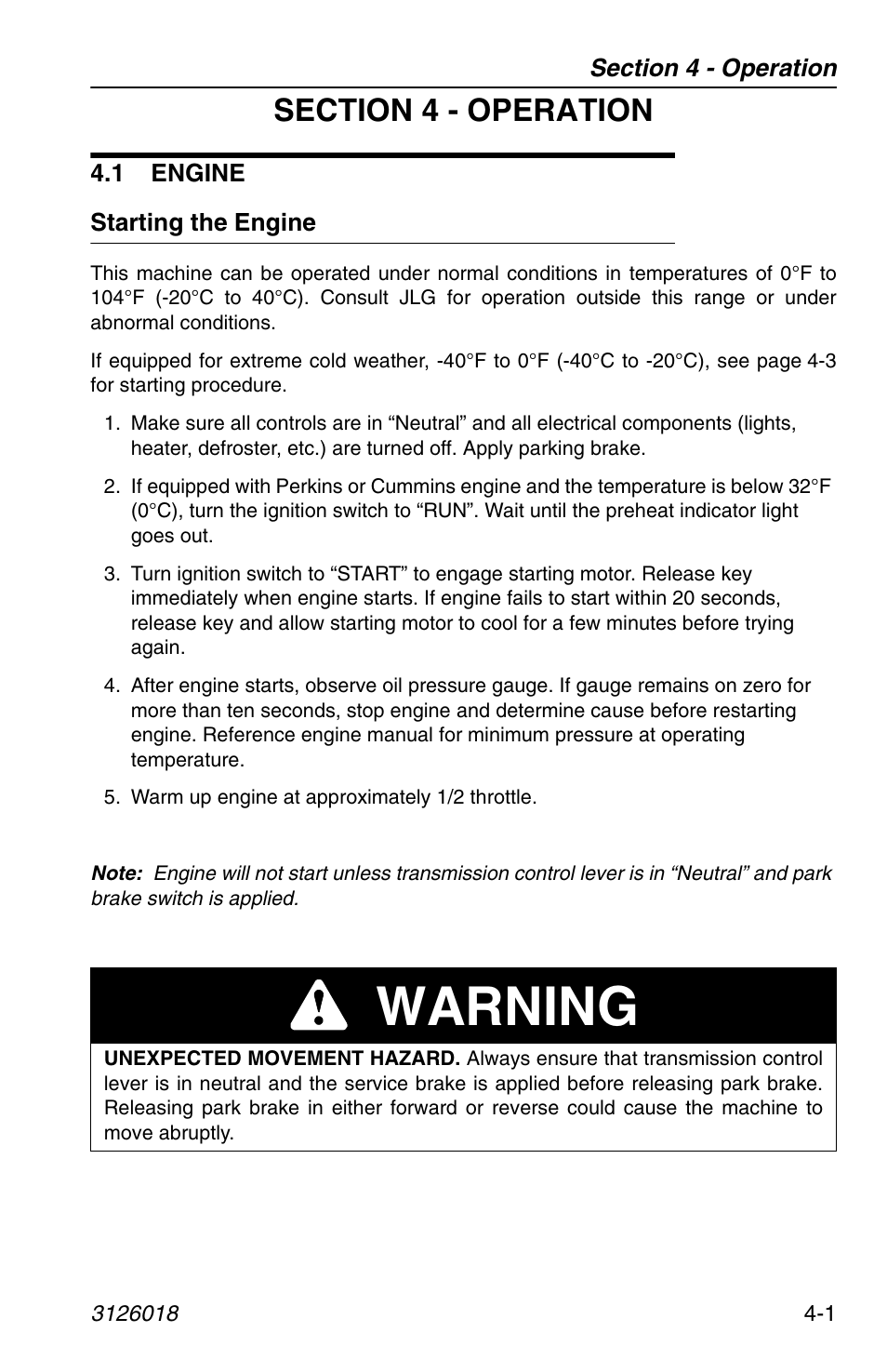 Section 4 - operation, 1 engine, Starting the engine | 1 engine -1, Starting the engine -1, Warning | JLG G12-55A Operator Manual User Manual | Page 61 / 164