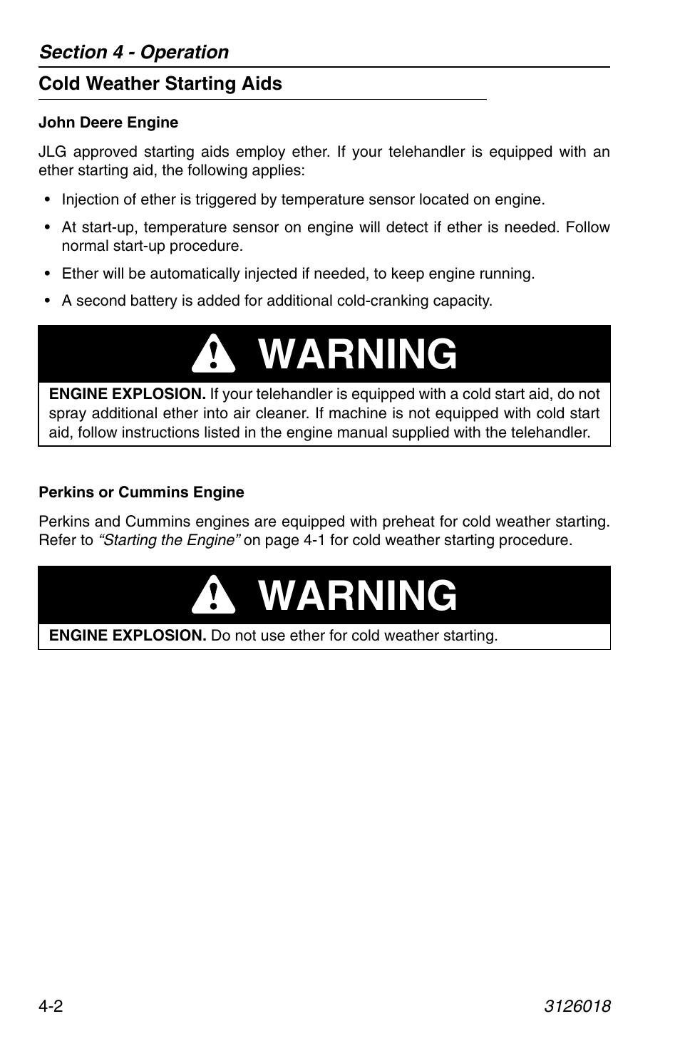 Cold weather starting aids, Cold weather starting aids -2, Warning | JLG G12-55A Operator Manual User Manual | Page 62 / 164