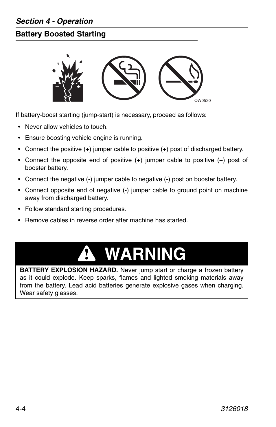 Battery boosted starting, Battery boosted starting -4, Warning | JLG G12-55A Operator Manual User Manual | Page 64 / 164
