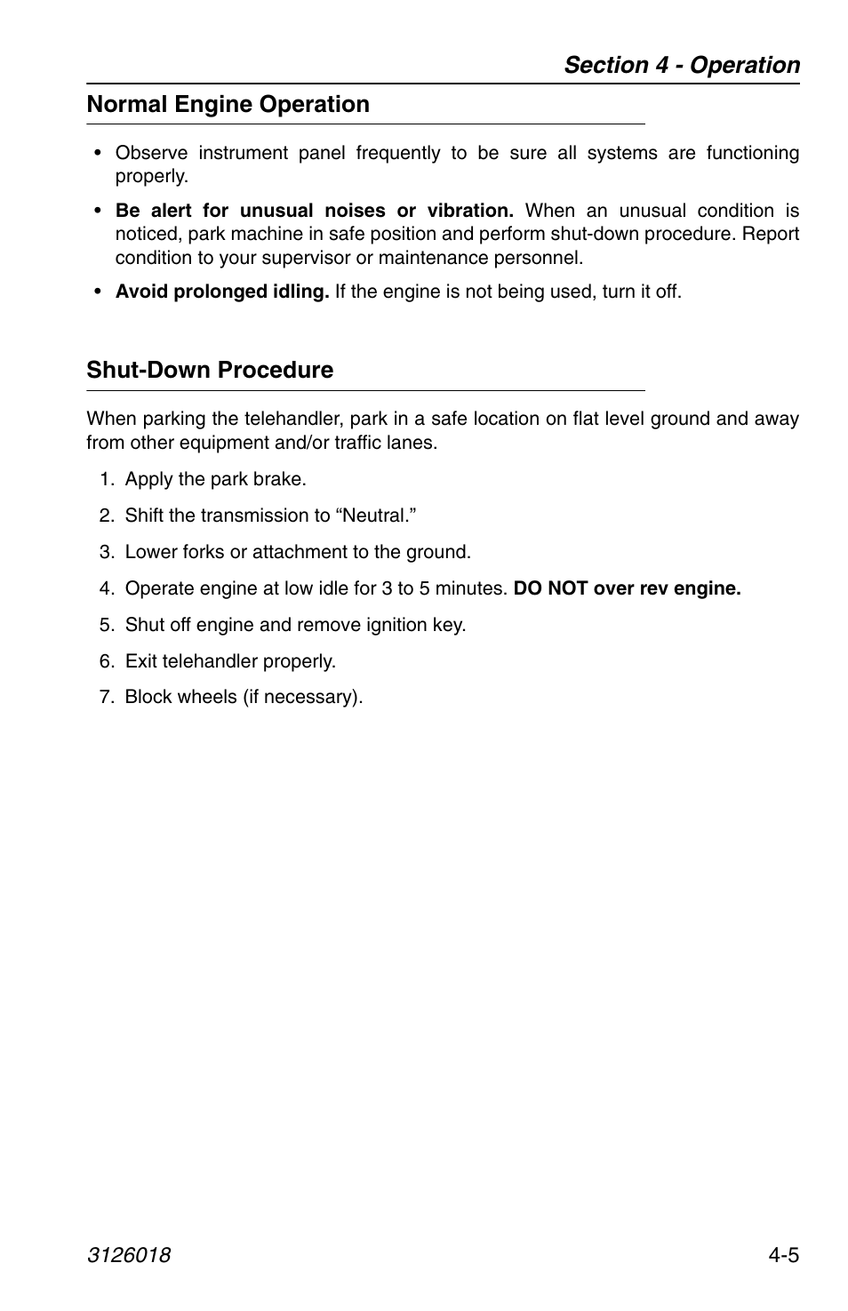 Normal engine operation, Shut-down procedure, Normal engine operation -5 shut-down procedure -5 | JLG G12-55A Operator Manual User Manual | Page 65 / 164