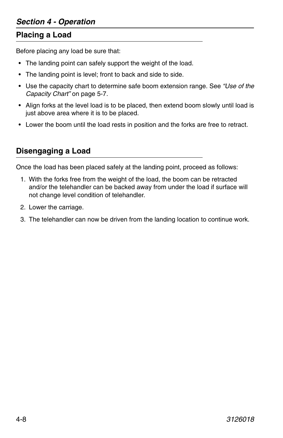 Placing a load, Disengaging a load, Placing a load -8 disengaging a load -8 | JLG G12-55A Operator Manual User Manual | Page 68 / 164