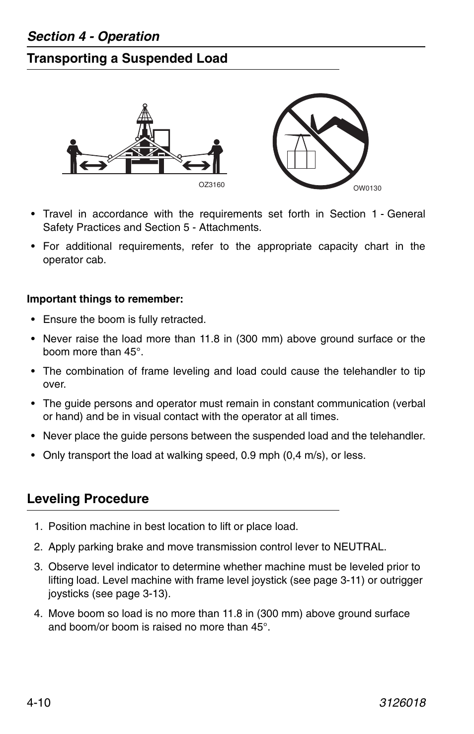 Transporting a suspended load, Leveling procedure | JLG G12-55A Operator Manual User Manual | Page 70 / 164