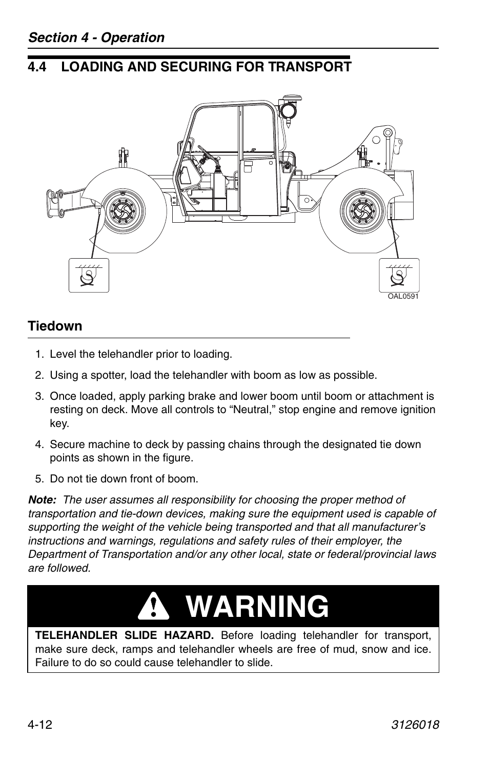 4 loading and securing for transport, Tiedown, 4 loading and securing for transport -12 | Tiedown -12, Warning | JLG G12-55A Operator Manual User Manual | Page 72 / 164