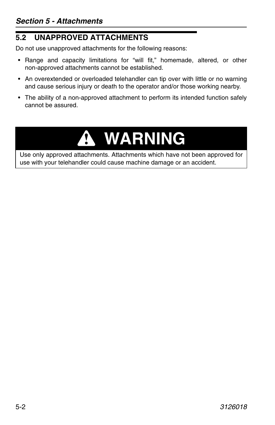 2 unapproved attachments, 2 unapproved attachments -2, Warning | JLG G12-55A Operator Manual User Manual | Page 76 / 164