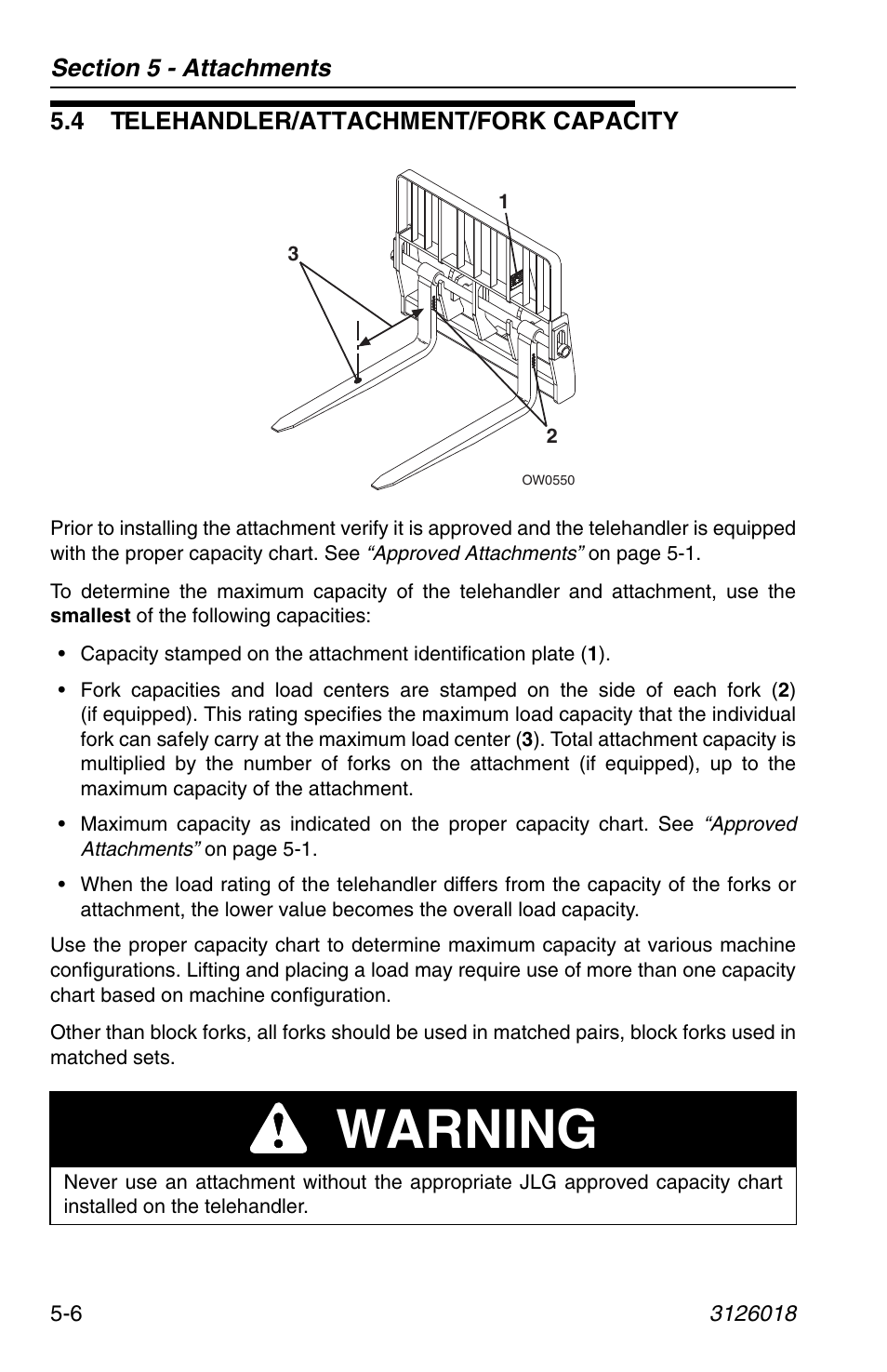 4 telehandler/attachment/fork capacity, 4 telehandler/attachment/fork capacity -6, Warning | JLG G12-55A Operator Manual User Manual | Page 80 / 164