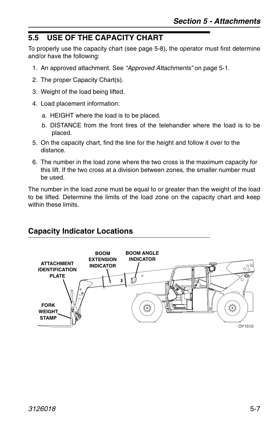 5 use of the capacity chart, Capacity indicator locations, 5 use of the capacity chart -7 | Capacity indicator locations -7 | JLG G12-55A Operator Manual User Manual | Page 81 / 164