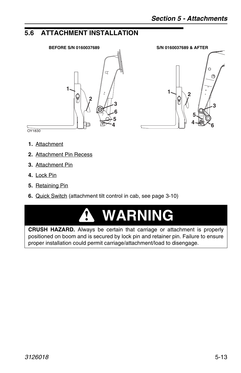 6 attachment installation, 6 attachment installation -13, Warning | JLG G12-55A Operator Manual User Manual | Page 87 / 164
