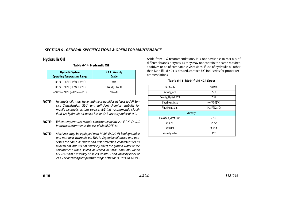 Hydraulic oil, Hydraulic oil -10, 14 hydraulic oil -10 6-15 mobilfluid 424 specs -10 | JLG 460SJ Operator Manual User Manual | Page 106 / 148