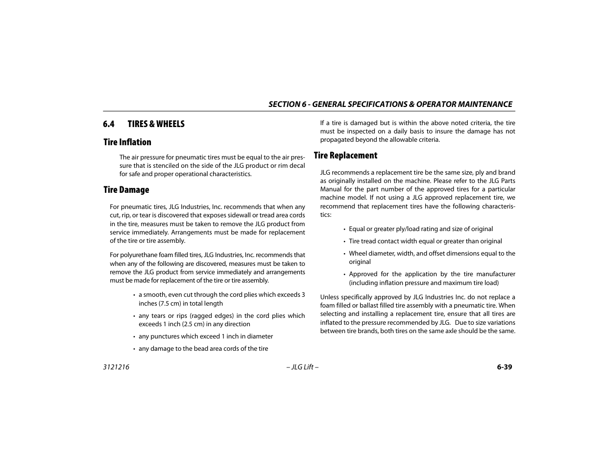 4 tires & wheels, Tire inflation, Tire damage | Tire replacement, 4 tires & wheels -39, 4 tires & wheels tire inflation | JLG 460SJ Operator Manual User Manual | Page 135 / 148