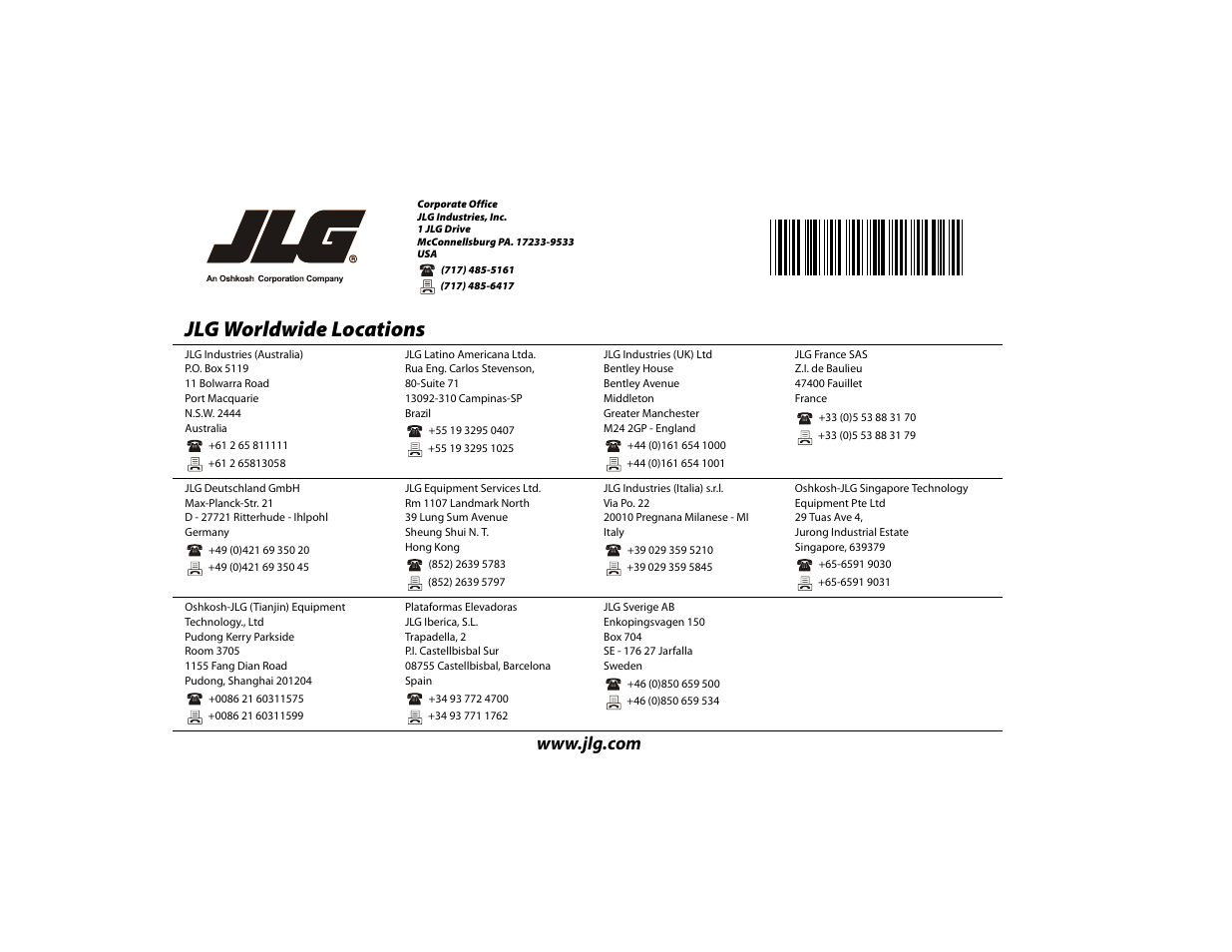 Jlg worldwide locations | JLG 460SJ Operator Manual User Manual | Page 148 / 148