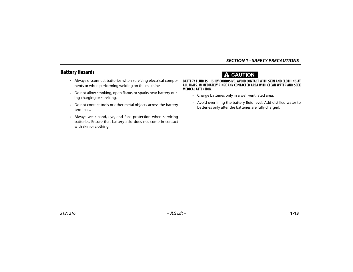 Battery hazards, Battery hazards -13 | JLG 460SJ Operator Manual User Manual | Page 25 / 148