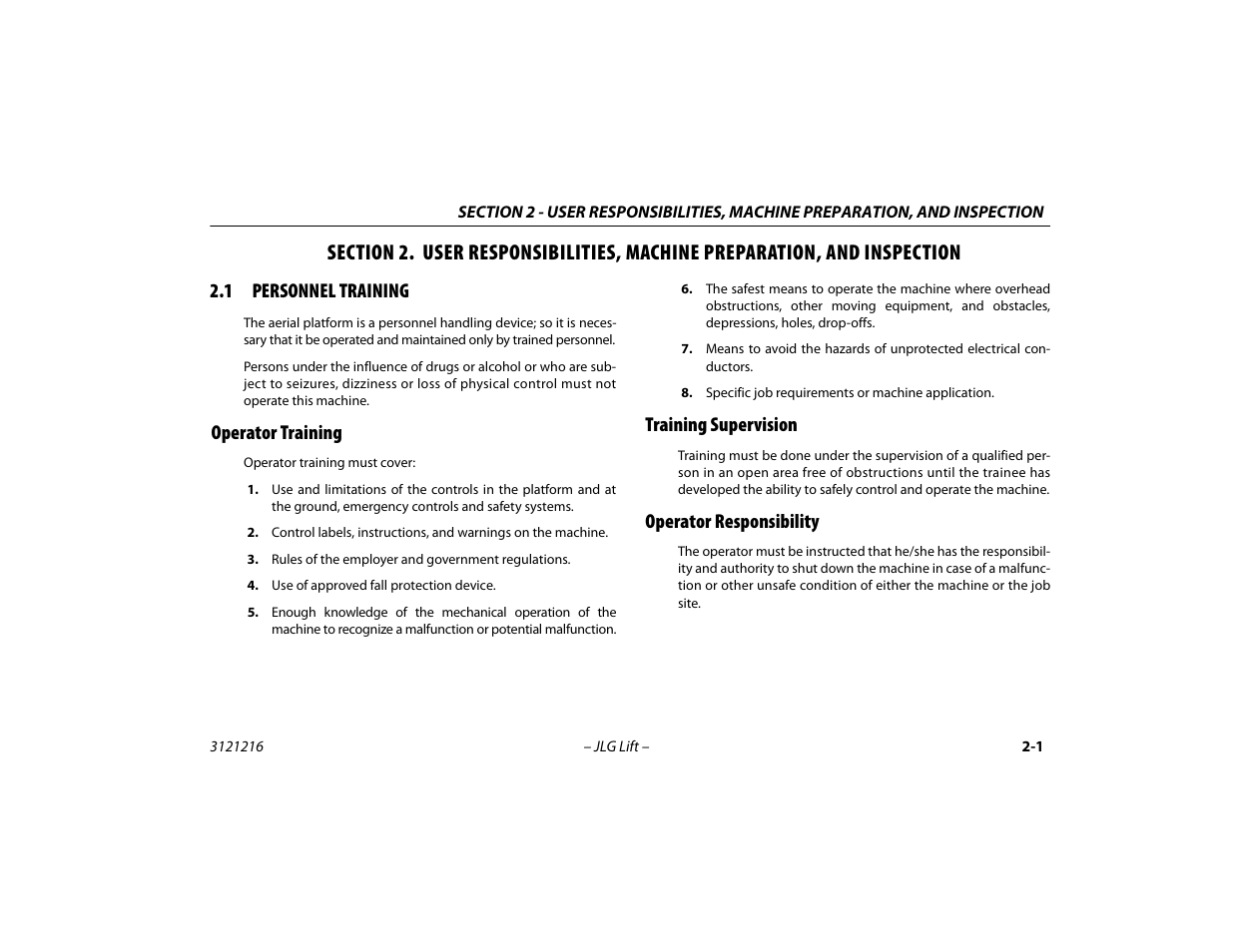 1 personnel training, Operator training, Training supervision | Operator responsibility, Section - 2 - user responsibilities, machine, Preparation, and inspection, 1 personnel training -1 | JLG 460SJ Operator Manual User Manual | Page 27 / 148