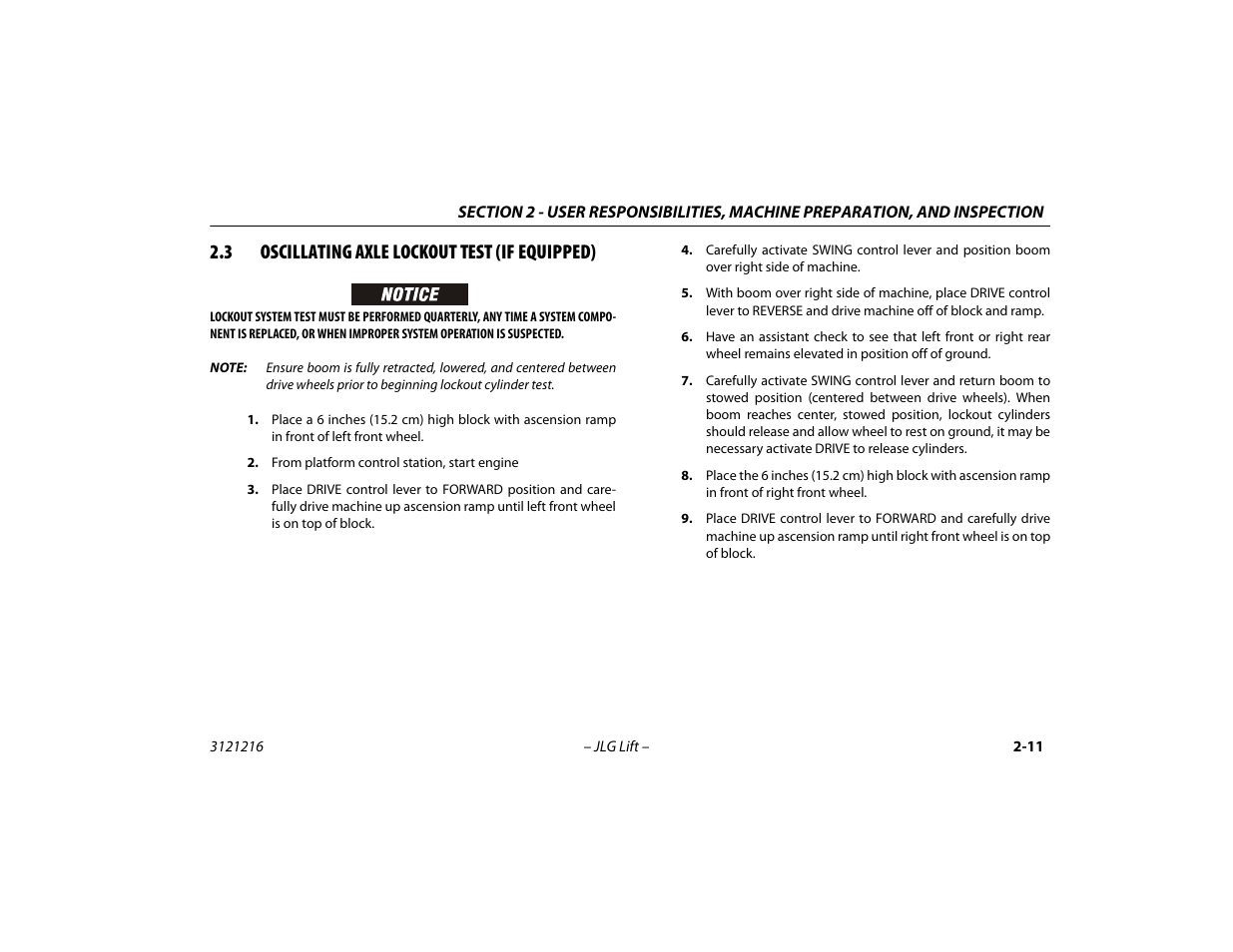 3 oscillating axle lockout test (if equipped), 3 oscillating axle lockout test, If equipped) -11 | JLG 460SJ Operator Manual User Manual | Page 37 / 148