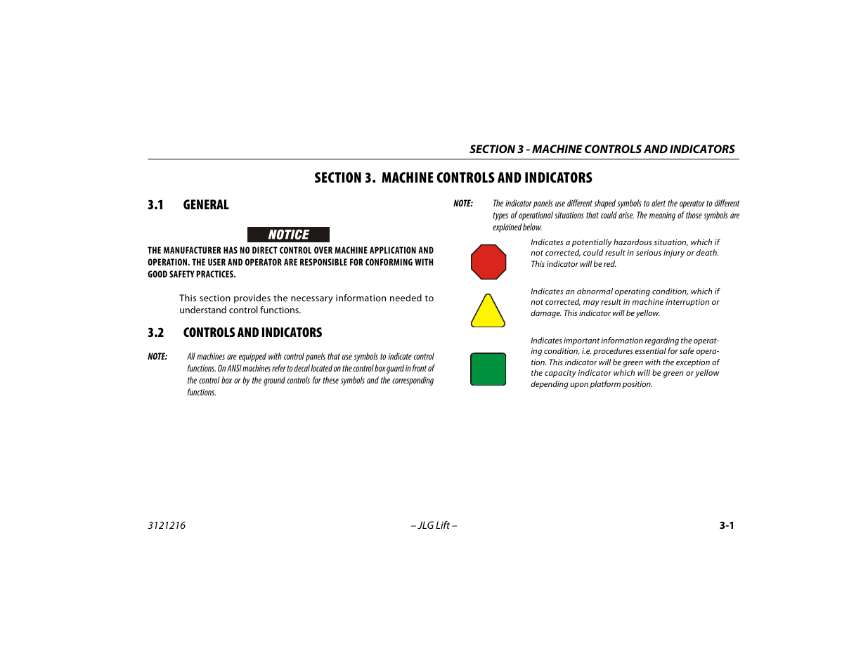 Section 3. machine controls and indicators, 1 general, 2 controls and indicators | Section - 3 - machine controls and indicators, 1 general -1 3.2 controls and indicators -1 | JLG 460SJ Operator Manual User Manual | Page 39 / 148