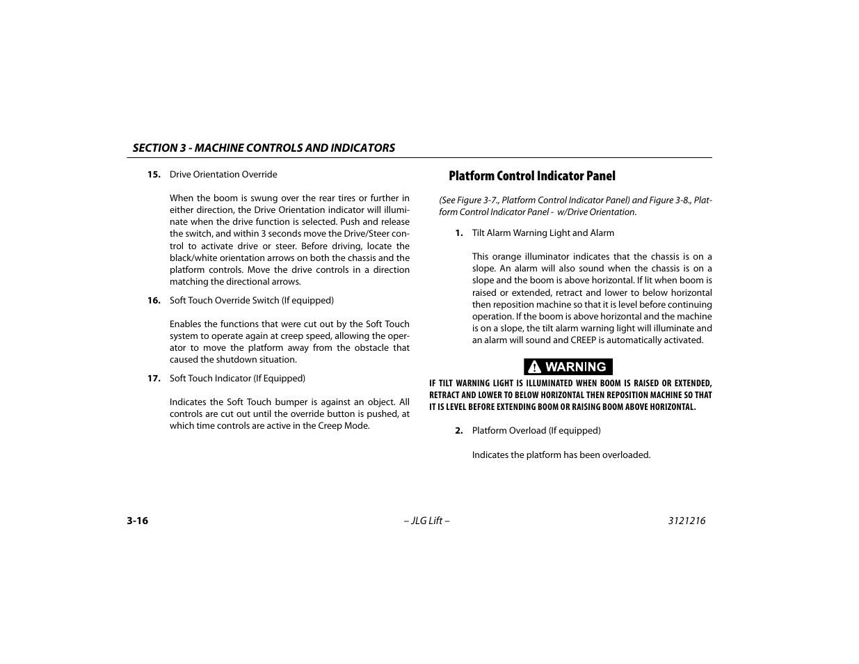 Platform control indicator panel, Platform control indicator panel -16 | JLG 460SJ Operator Manual User Manual | Page 54 / 148