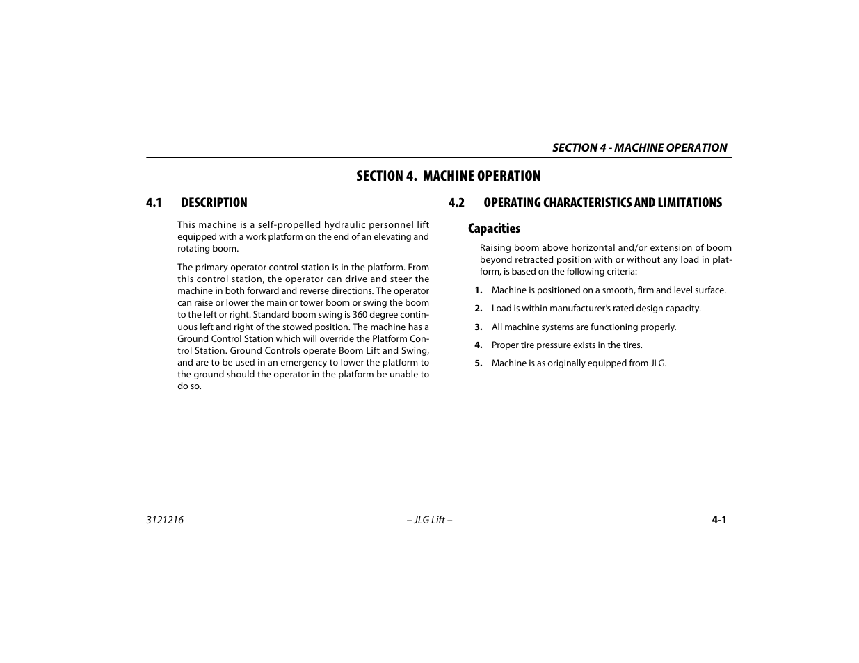 Section 4. machine operation, 1 description, 2 operating characteristics and limitations | Capacities, Section - 4 - machine operation, 1 description -1 4.2 operating characteristics, And limitations -1, Capacities -1 | JLG 460SJ Operator Manual User Manual | Page 59 / 148