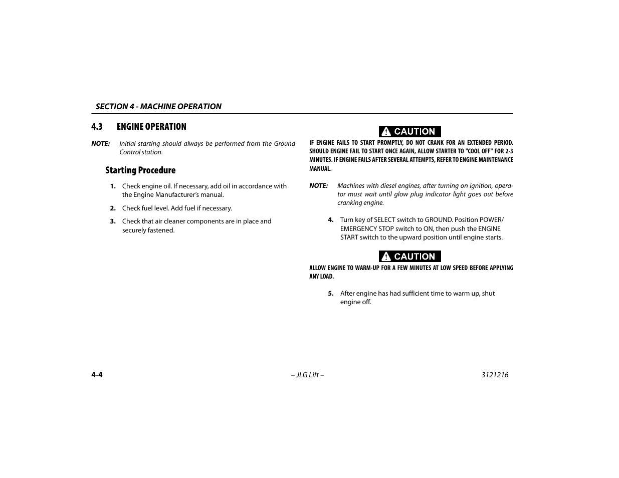 3 engine operation, Starting procedure, 3 engine operation -4 | Starting procedure -4 | JLG 460SJ Operator Manual User Manual | Page 62 / 148