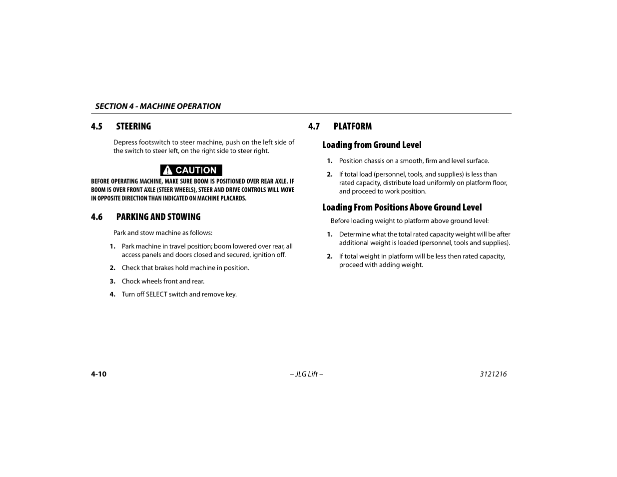 5 steering, 6 parking and stowing, 7 platform | Loading from ground level, Loading from positions above ground level, 7 platform loading from ground level | JLG 460SJ Operator Manual User Manual | Page 68 / 148