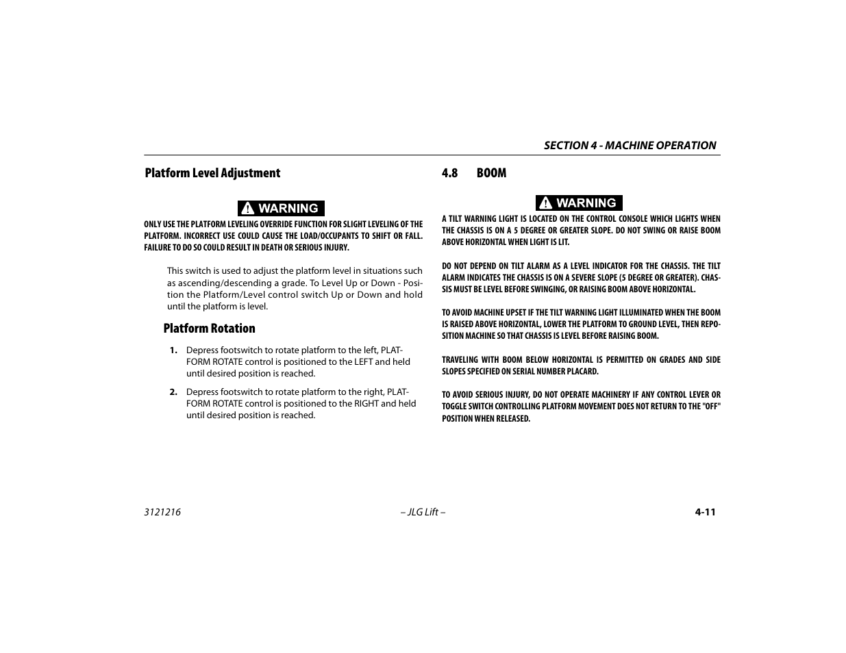 Platform level adjustment, Platform rotation, 8 boom | 8 boom -11 | JLG 460SJ Operator Manual User Manual | Page 69 / 148