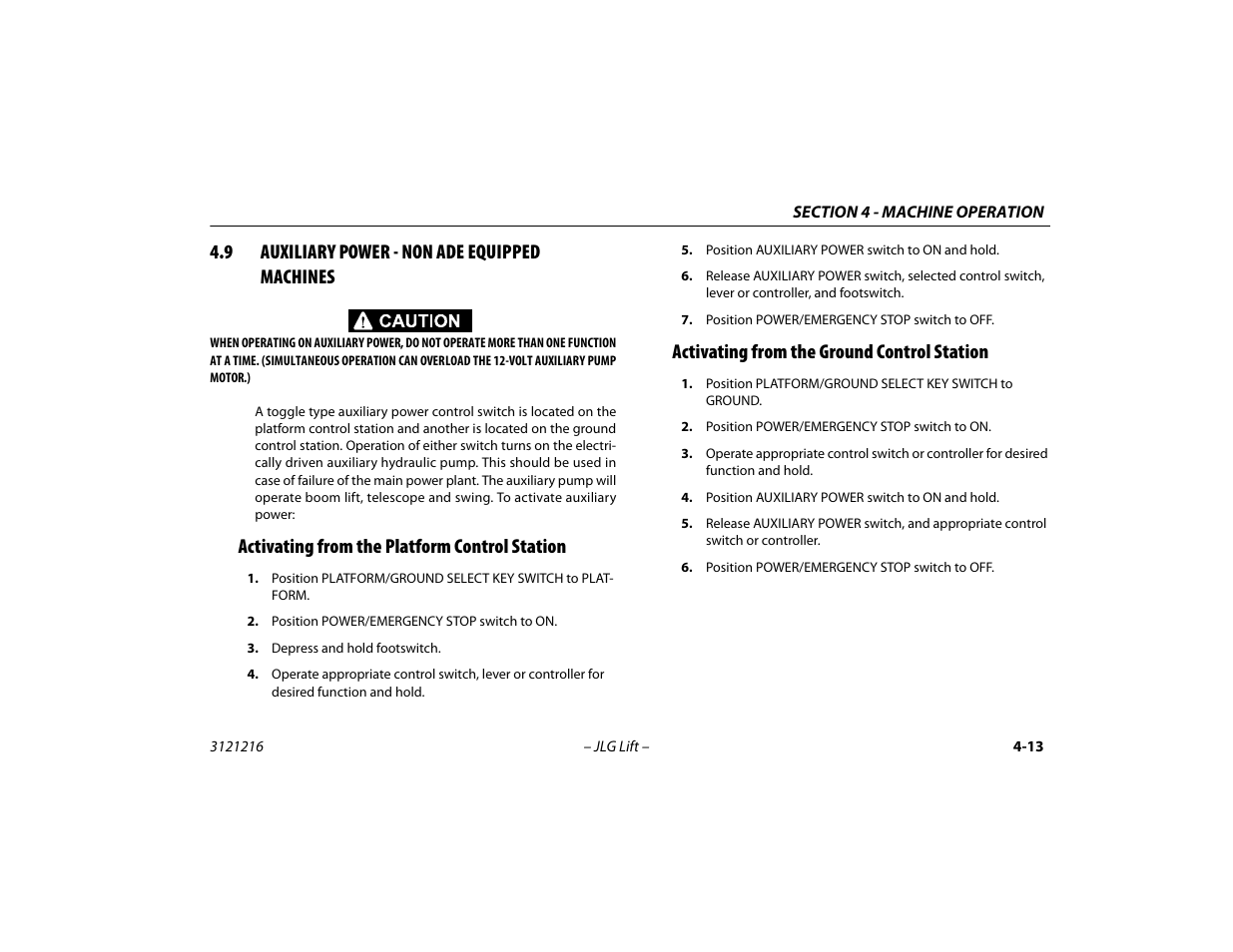 9 auxiliary power - non ade equipped machines, Activating from the platform control station, Activating from the ground control station | 9 auxiliary power - non ade equipped, Machines -13 | JLG 460SJ Operator Manual User Manual | Page 71 / 148