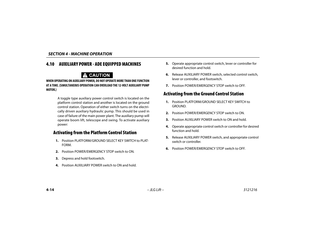 10 auxiliary power - ade equipped machines, Activating from the platform control station, Activating from the ground control station | 10 auxiliary power, Ade equipped machines -14 | JLG 460SJ Operator Manual User Manual | Page 72 / 148