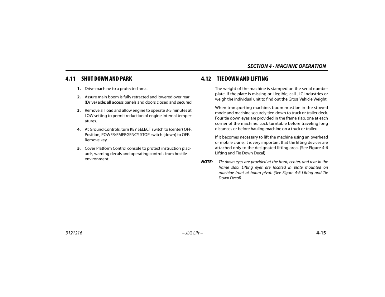 11 shut down and park, 12 tie down and lifting | JLG 460SJ Operator Manual User Manual | Page 73 / 148