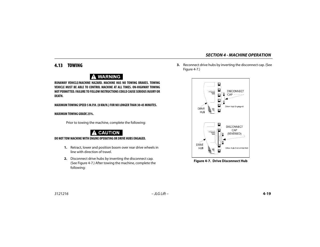 13 towing, 13 towing -19, Drive disconnect hub -19 | JLG 460SJ Operator Manual User Manual | Page 77 / 148