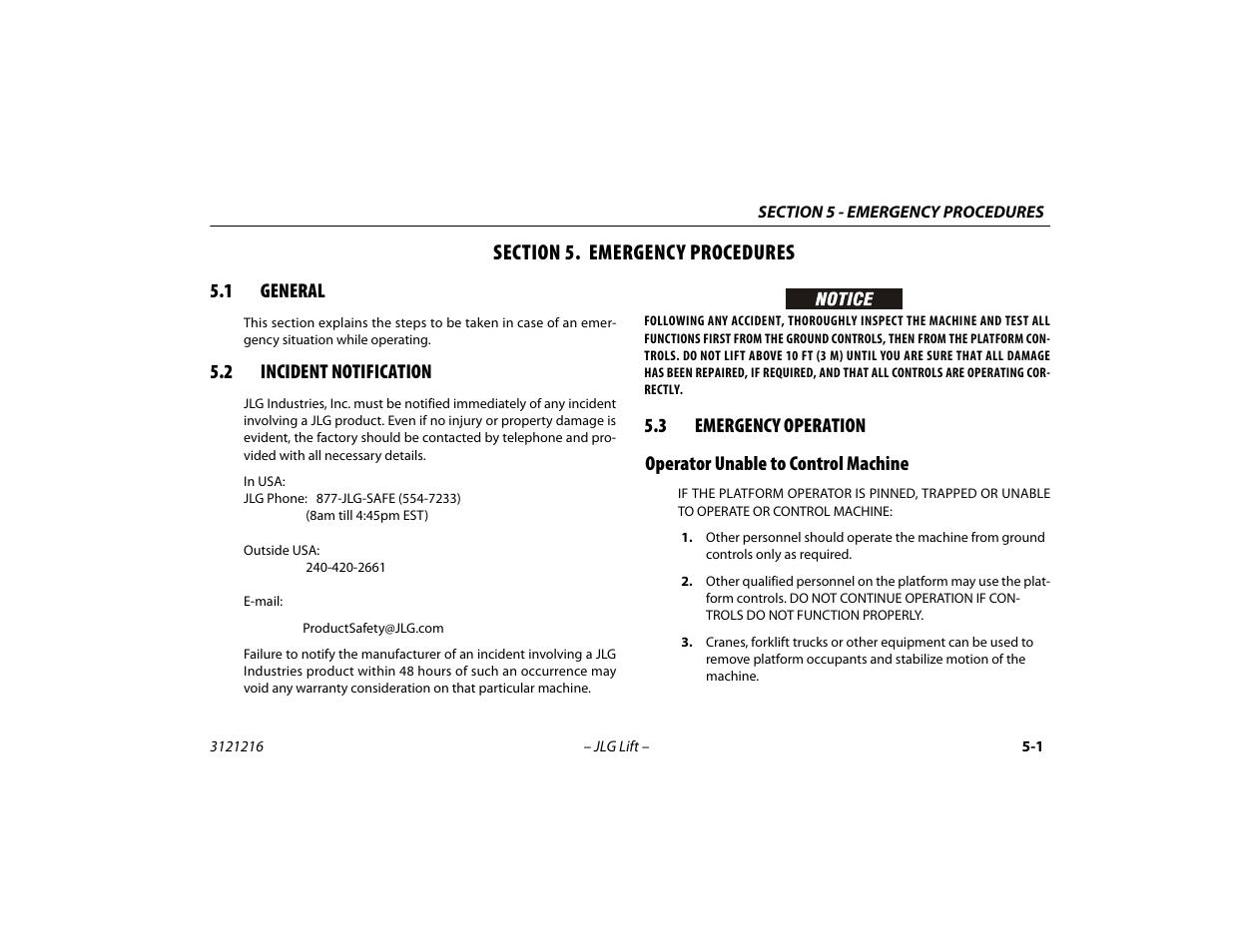 Section 5. emergency procedures, 1 general, 2 incident notification | 3 emergency operation, Operator unable to control machine, Section - 5 - emergency procedures, 1 general -1 5.2 incident notification -1, Operator unable to control machine -1 | JLG 460SJ Operator Manual User Manual | Page 95 / 148