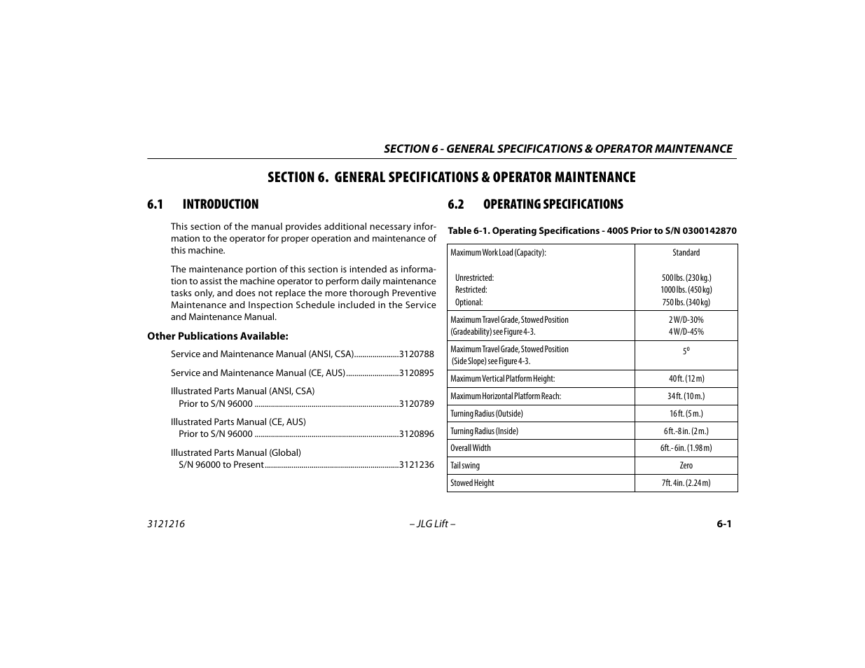 1 introduction, 2 operating specifications, 1 introduction -1 6.2 operating specifications -1 | Operating specifications - 400s, Prior to s/n 0300142870 -1 | JLG 460SJ Operator Manual User Manual | Page 97 / 148