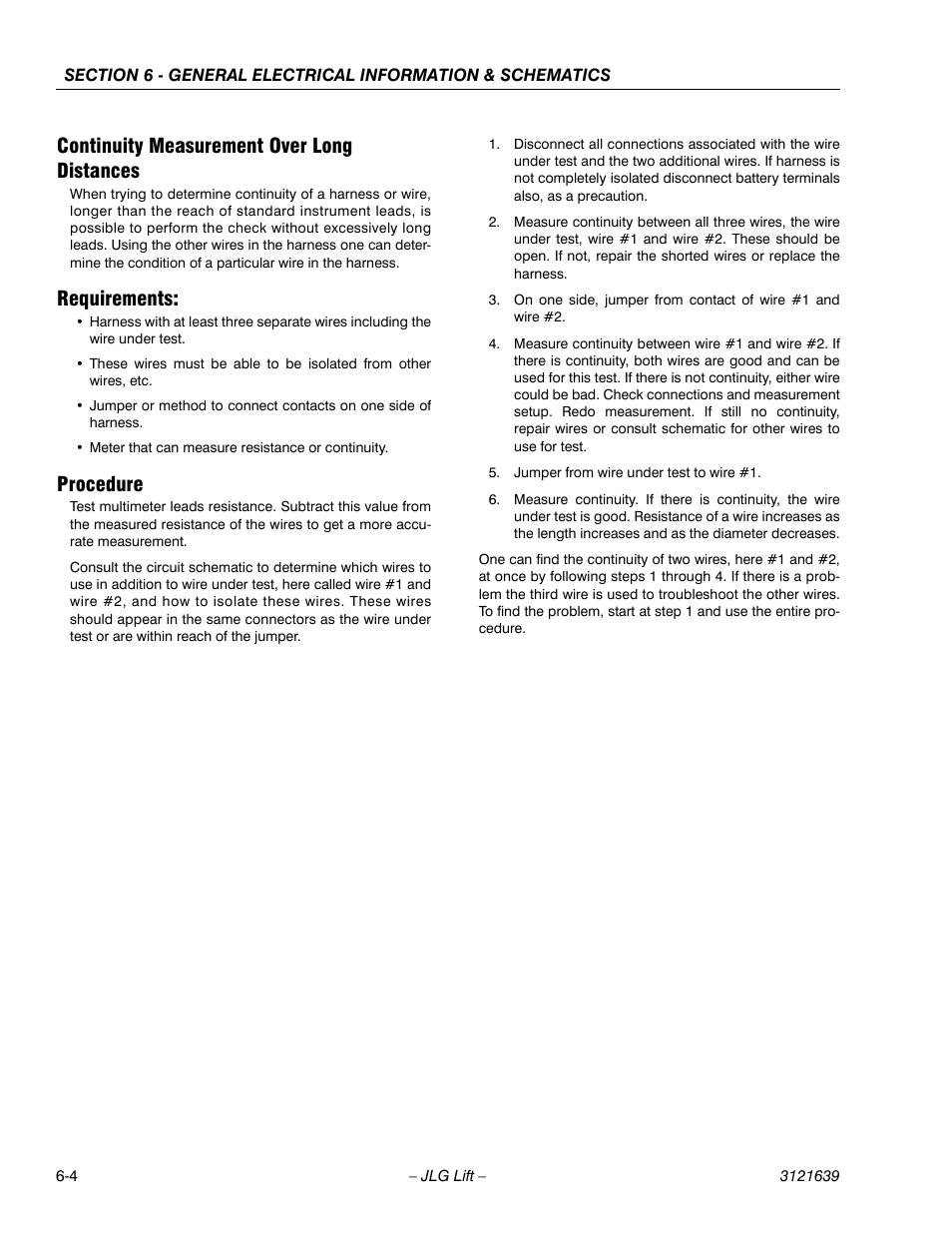 Continuity measurement over long distances, Requirements, Procedure | JLG M4069 Service Manual User Manual | Page 116 / 138