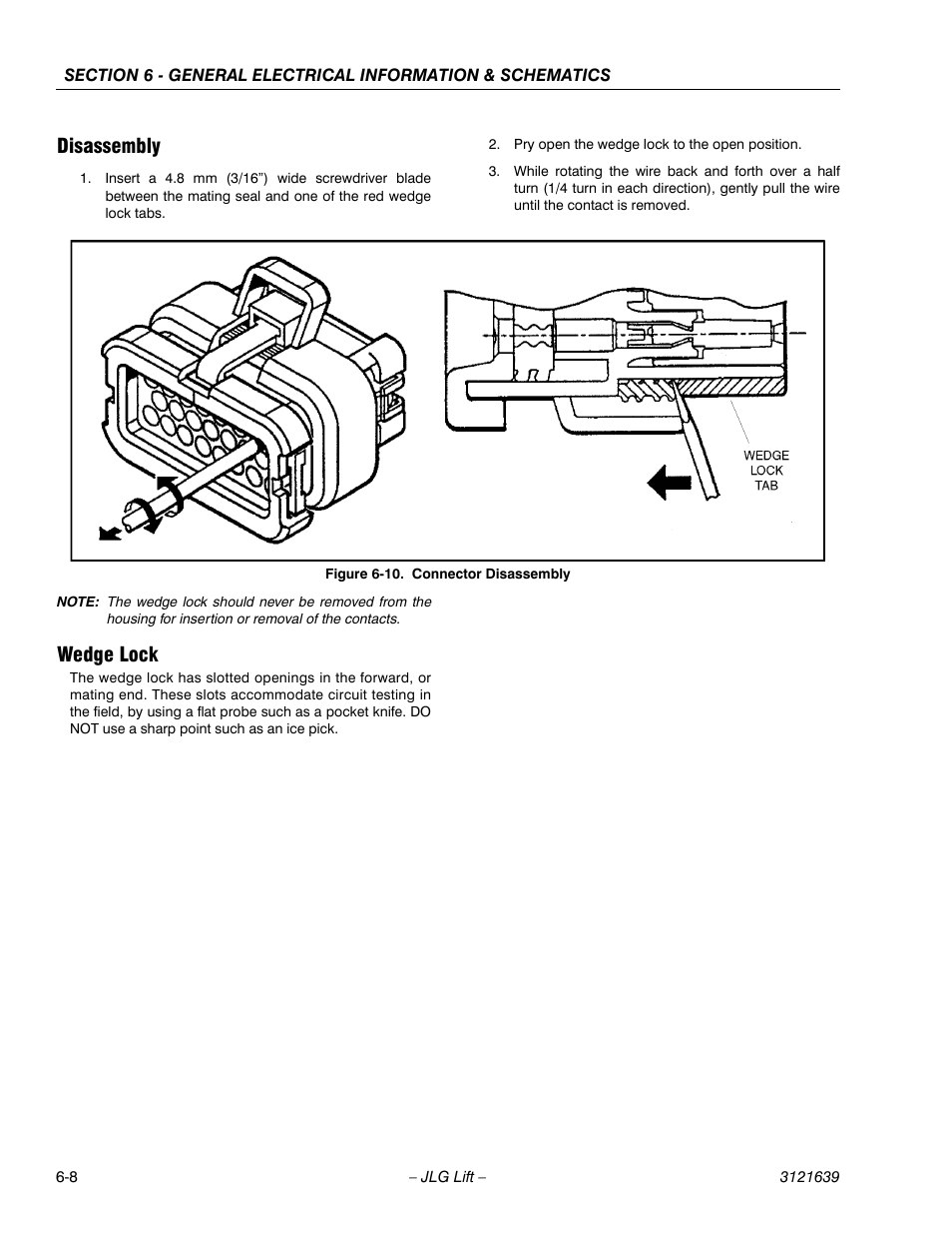 Disassembly -8 wedge lock -8, Connector disassembly -8, Disassembly | Wedge lock | JLG M4069 Service Manual User Manual | Page 120 / 138
