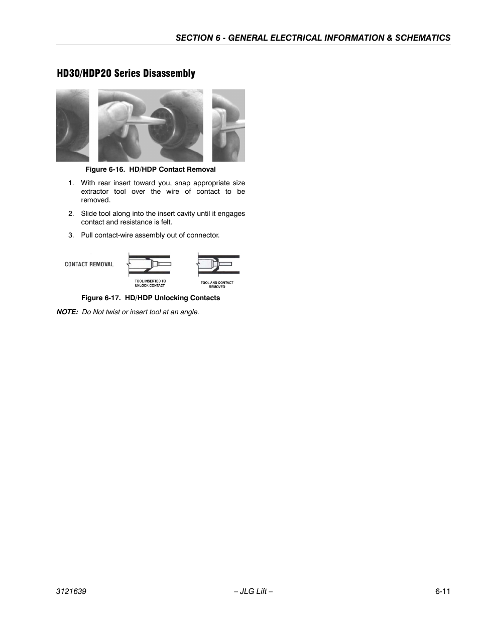 Hd30/hdp20 series disassembly -11, Hd/hdp contact removal -11, Hd/hdp unlocking contacts -11 | Hd30/hdp20 series disassembly | JLG M4069 Service Manual User Manual | Page 123 / 138