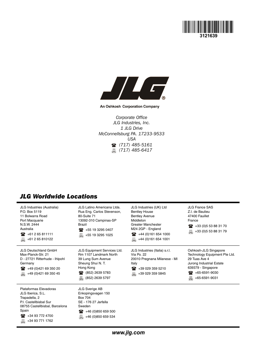 Jlg worldwide locations | JLG M4069 Service Manual User Manual | Page 138 / 138