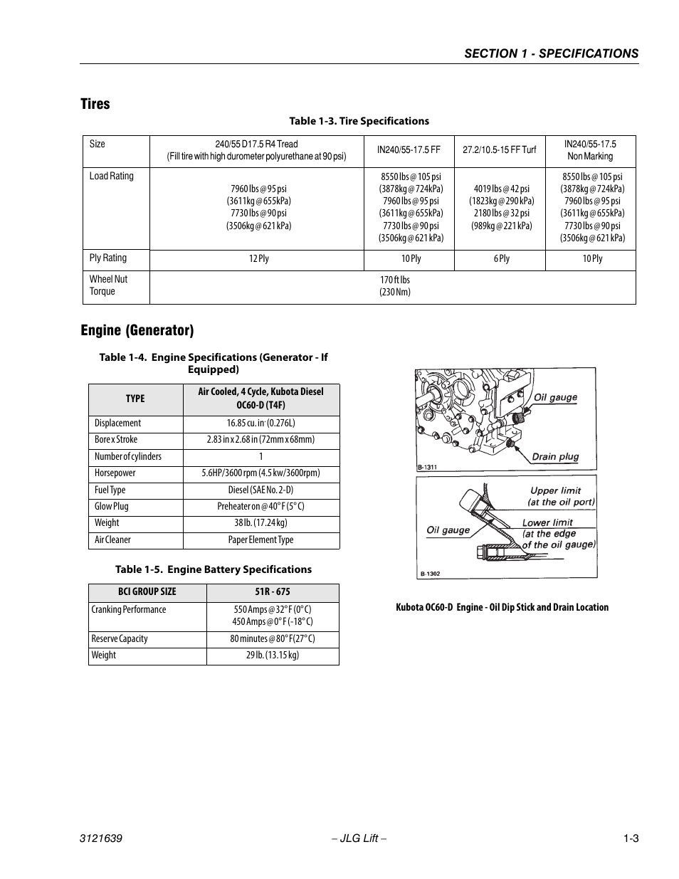 Tires -3 engine (generator) -3, Tire specifications -3, Engine specifications (generator - if equipped) -3 | Engine battery specifications -3, Tires engine (generator) | JLG M4069 Service Manual User Manual | Page 15 / 138