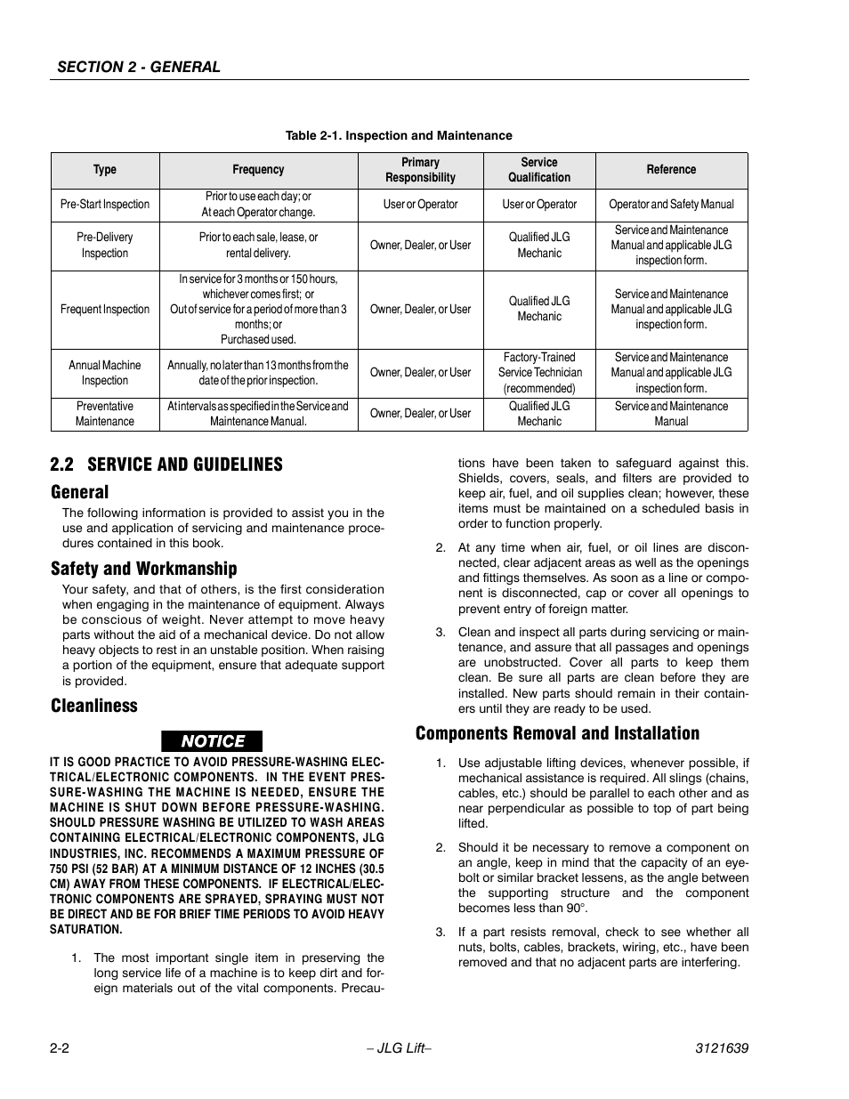 Service and guidelines -2, Inspection and maintenance -2, 2 service and guidelines general | Safety and workmanship, Cleanliness, Components removal and installation | JLG M4069 Service Manual User Manual | Page 26 / 138