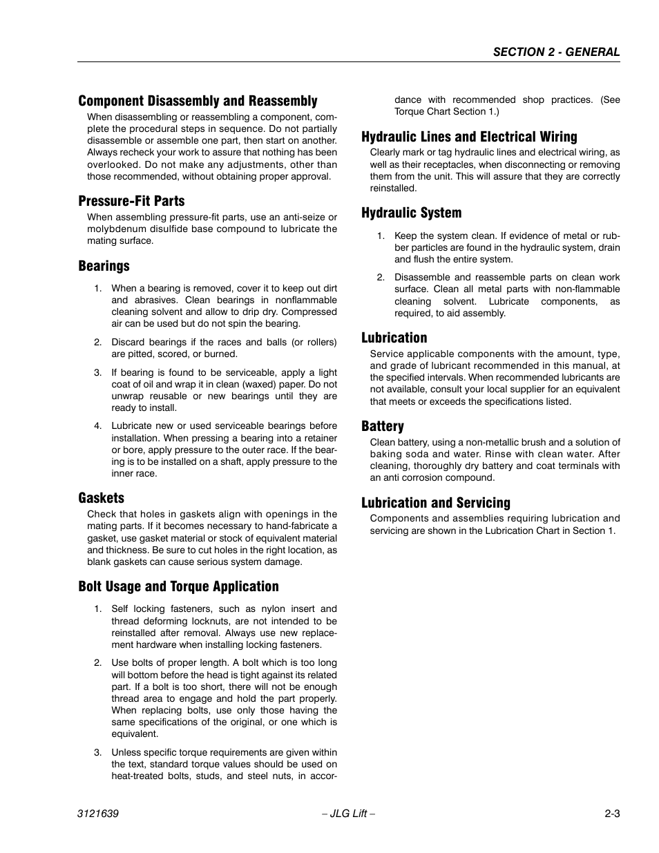 Component disassembly and reassembly, Pressure-fit parts, Bearings | Gaskets, Bolt usage and torque application, Hydraulic lines and electrical wiring, Hydraulic system, Lubrication, Battery, Lubrication and servicing | JLG M4069 Service Manual User Manual | Page 27 / 138