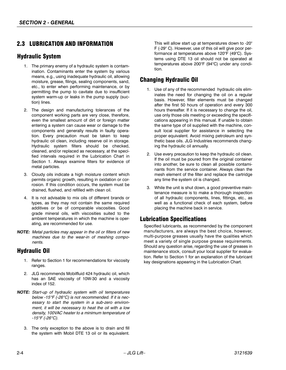 Lubrication and information -4, Hydraulic system -4 hydraulic oil -4, 3 lubrication and information hydraulic system | Hydraulic oil, Changing hydraulic oil, Lubrication specifications | JLG M4069 Service Manual User Manual | Page 28 / 138